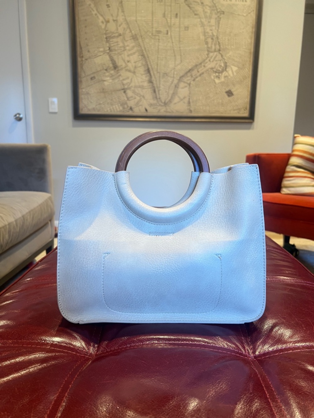 Mini Cream Leather Tote with Round Wooden Handles